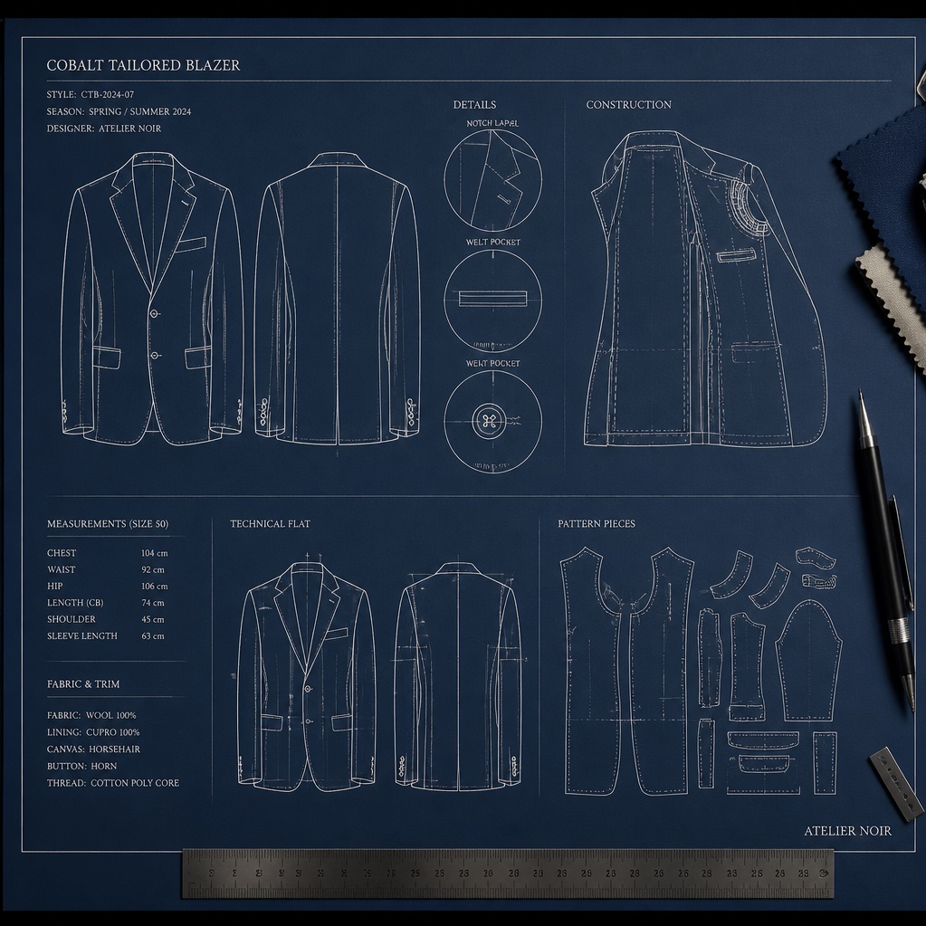 A tailored blazer rendered as a technical blueprint with measurements and pattern pieces